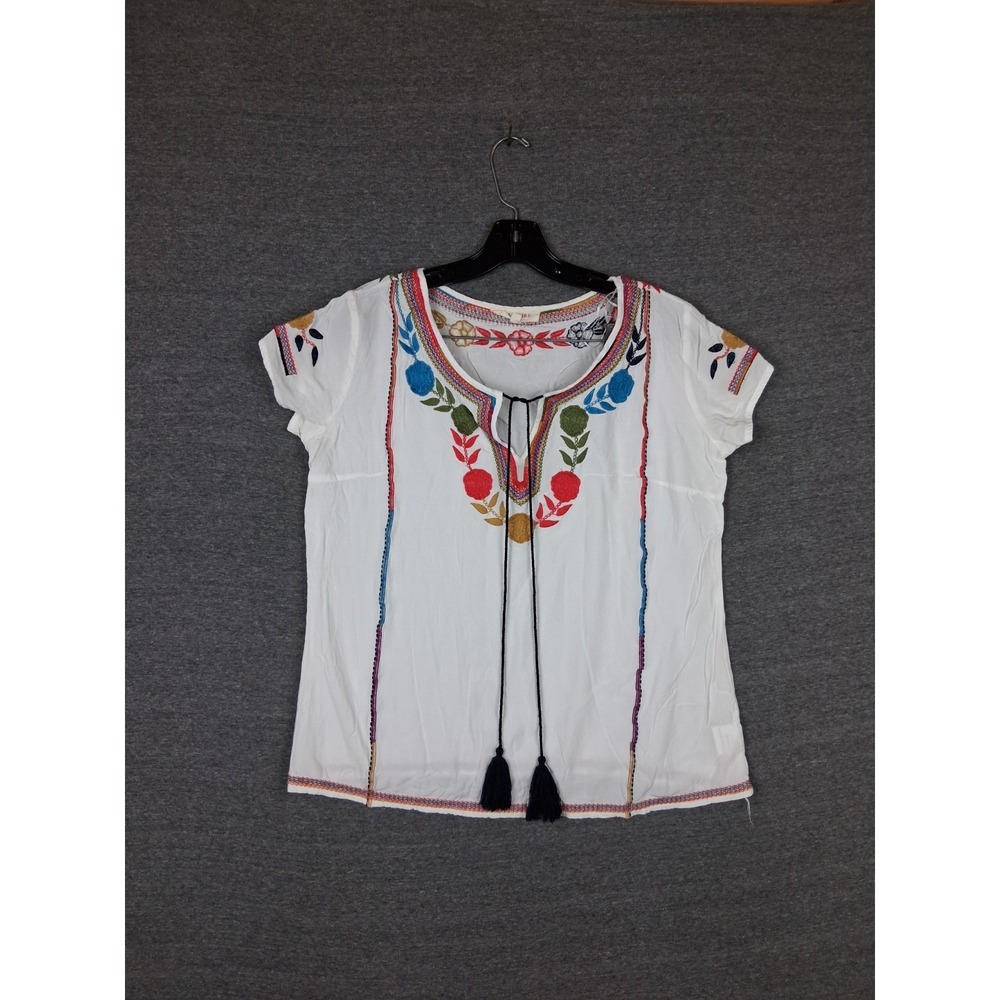 Solitaire Womens Shirt Large White‎ Embroidered Floral Tassel Lightweight Read